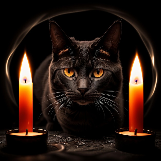 Gato negro misterioso a la luz de las velas