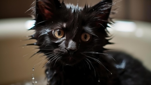 Un gato negro mojado bajo la lluvia.