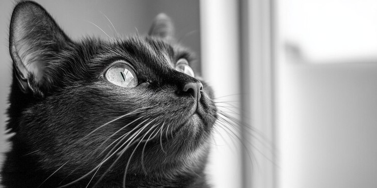 un gato negro con una nariz blanca y un fondo blanco y negro