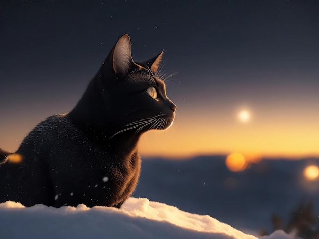 Gato negro en la nieve.