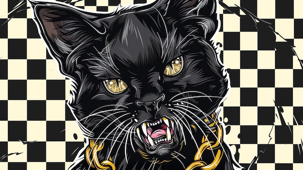 un gato negro con ojos amarillos y una cadena de oro alrededor de su boca
