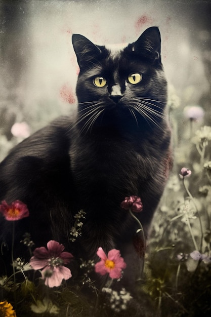 Un gato negro con ojos amarillos se para en un campo de flores.