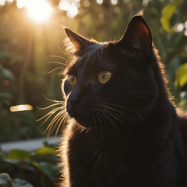 un gato negro con ojos amarillos está sentado en un jardín