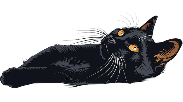 un gato negro con ojos amarillos y una nariz negra está acostado en un fondo blanco