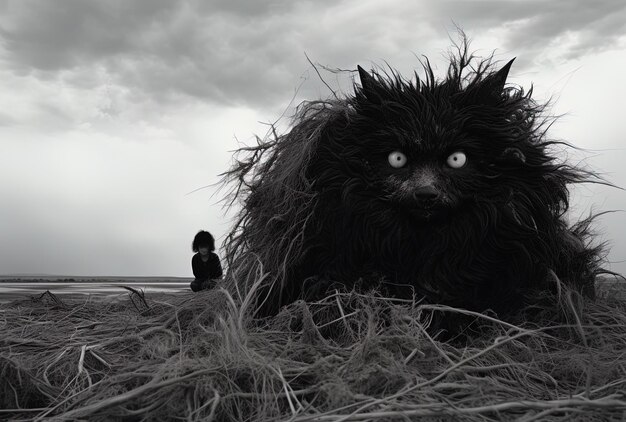 Foto un gato negro con ojos amarillos sentado en una pila de heno