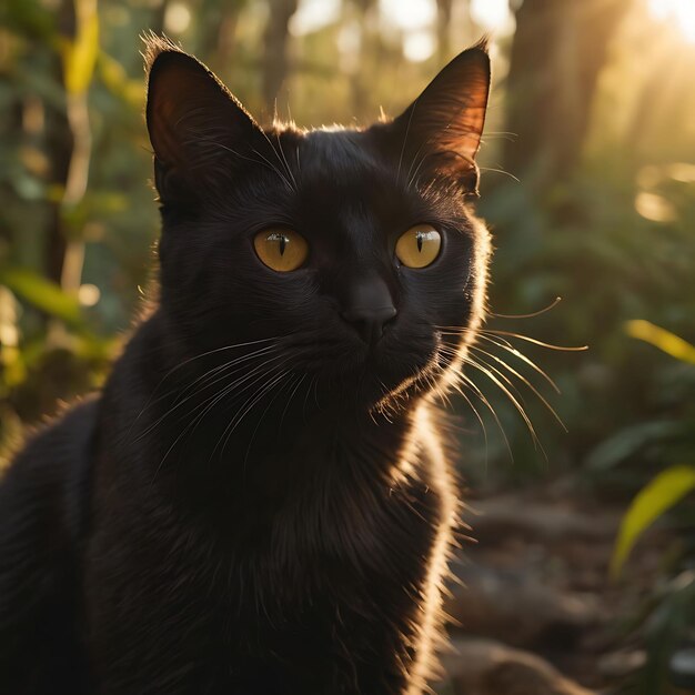 un gato negro con ojos amarillos sentado en el sol