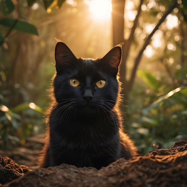 un gato negro con ojos amarillos sentado en la tierra