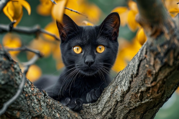 Gato negro con ojos amarillos se sienta en el árbol