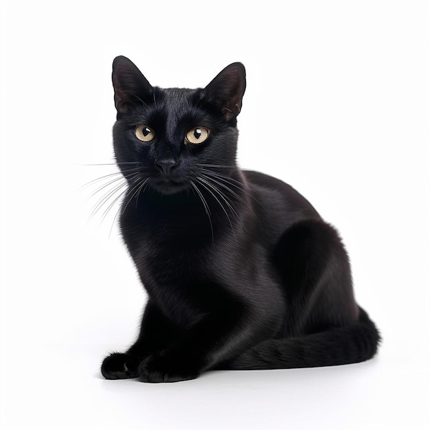Un gato negro con ojos amarillos se sienta frente a un fondo blanco.