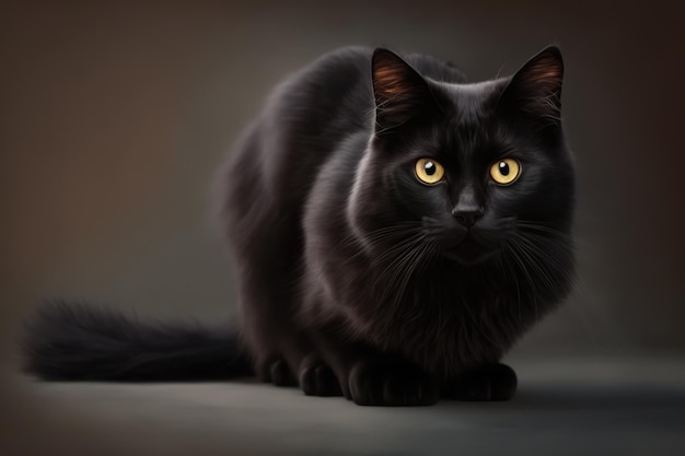 Gato negro con ojos amarillos sobre fondo negro creado con tecnología de IA generativa