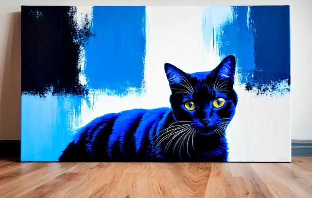 Foto un gato negro con ojos azules en una pintura en la pared en una habitación con un piso de madera