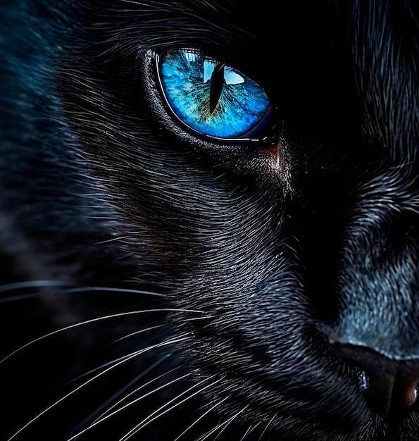 Gato negro con ojos azules que parecen un ojo azul.