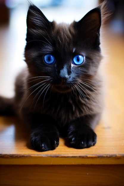 un gato negro con ojos azules sentado en una mesa