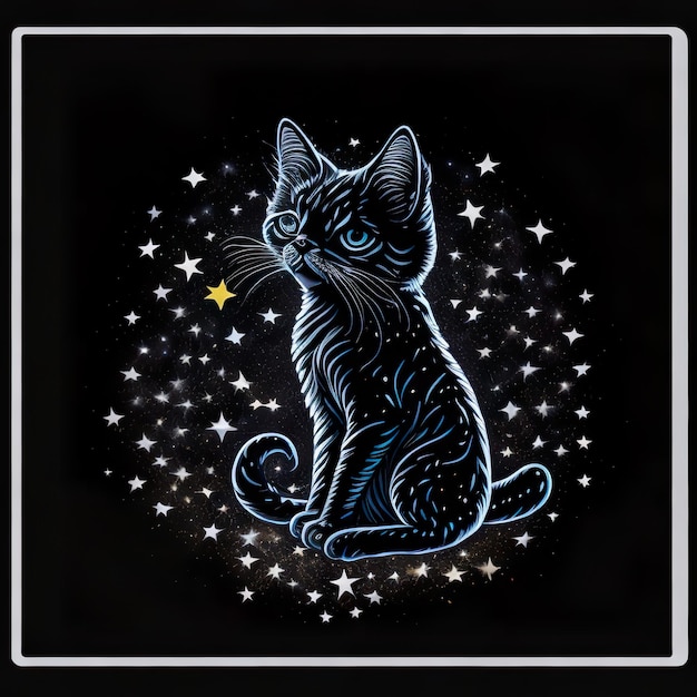 Un gato negro con ojos azules se sienta frente a un cielo estrellado.