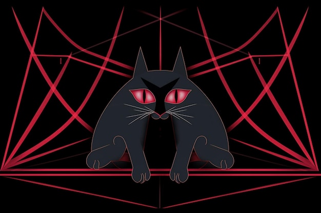 Un gato negro con ojos rojos se sienta sobre un fondo negro.