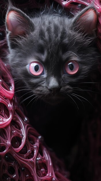 un gato negro con ojos rosados y un ojo púrpura y púrpura rosado