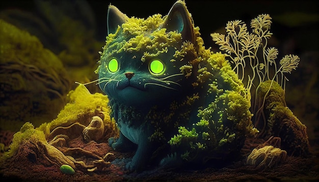 Un gato negro con ojos verdes brillantes se sienta en un bosque cubierto de musgo.