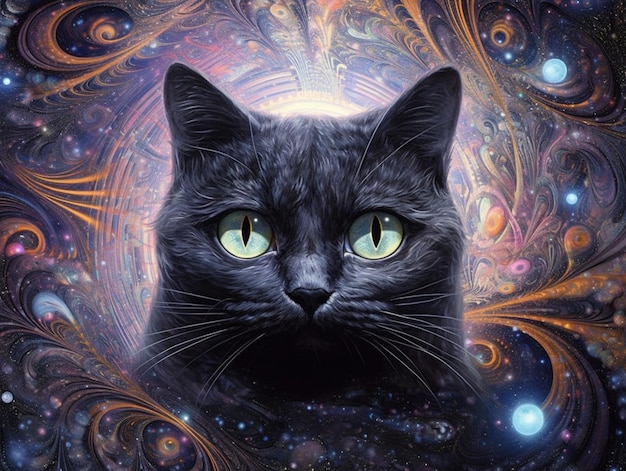 Un gato negro con ojos verdes está en una pintura.
