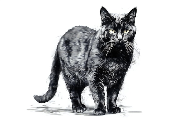 Gato negro con ojos verdes en una pintura de acuarela de fondo blanco