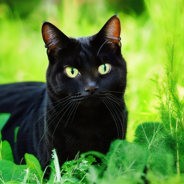 Foto un gato negro con ojos verdes está sentado en la hierba.