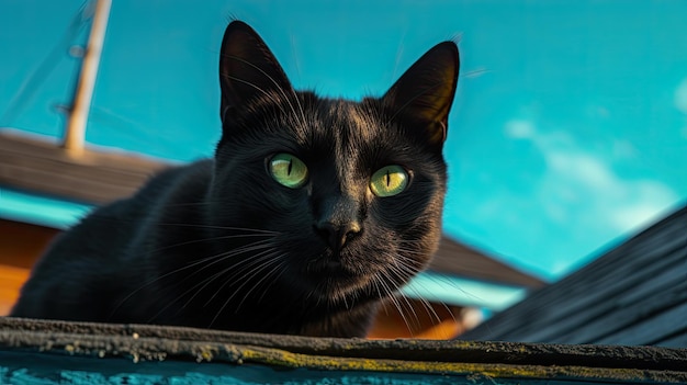 Un gato negro con ojos verdes se sienta sobre una superficie azul.