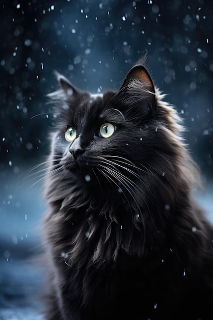 Gato negro peludo en invierno con nieve que cae