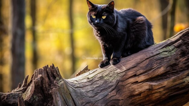 Gato negro posado en un tronco de árbol en descomposición