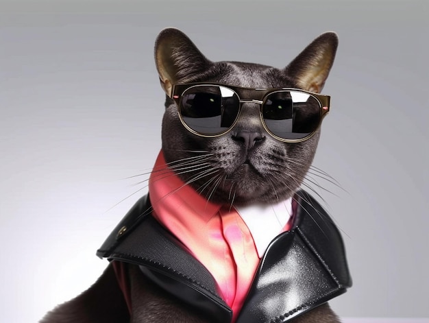 Gato negro con ropa de moda con gafas de sol