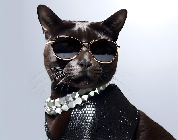 Gato negro con ropa de moda con gafas de sol