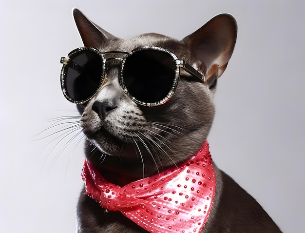 Gato negro con ropa de moda con gafas de sol