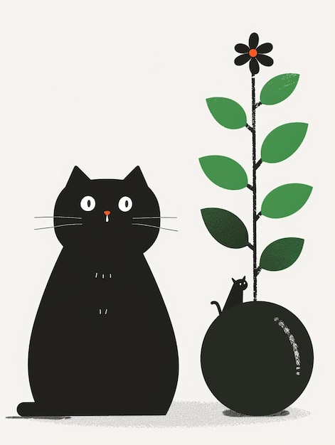 un gato negro sentado al lado de una planta generativa ai