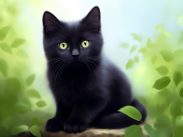 Gato negro sentado en la hierba en el prado Profundidad poco profunda del campo