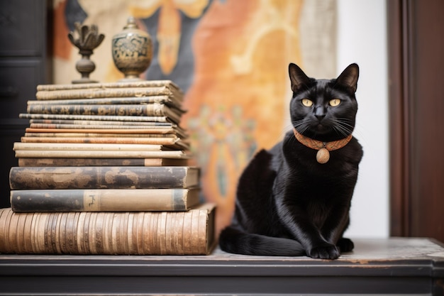 Un gato negro sentado junto a una pila de textos de aspecto antiguo
