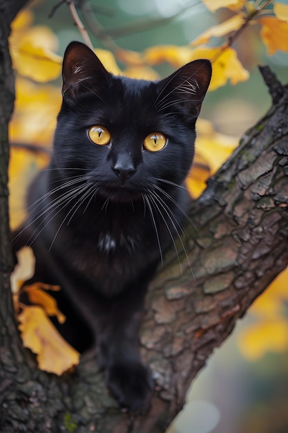 Foto gato negro sentado en una rama de árbol en el bosque de otoño retrato