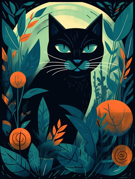 Foto gato negro sentado sobre una exuberante vegetación ai genera ai generativ ai generativ