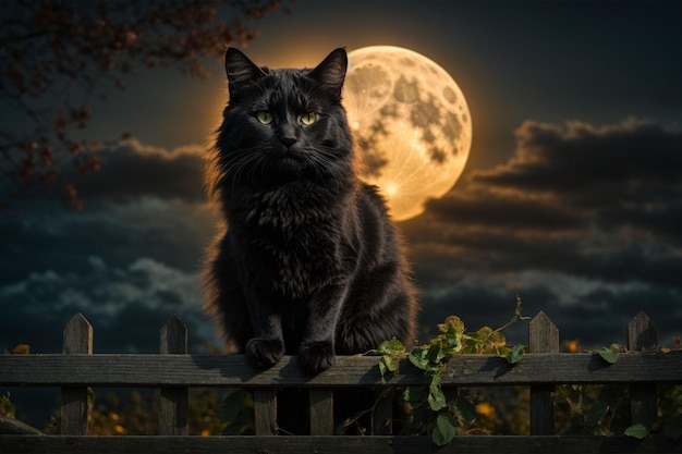 Gato negro sentado en una valla de madera frente a la luna llena