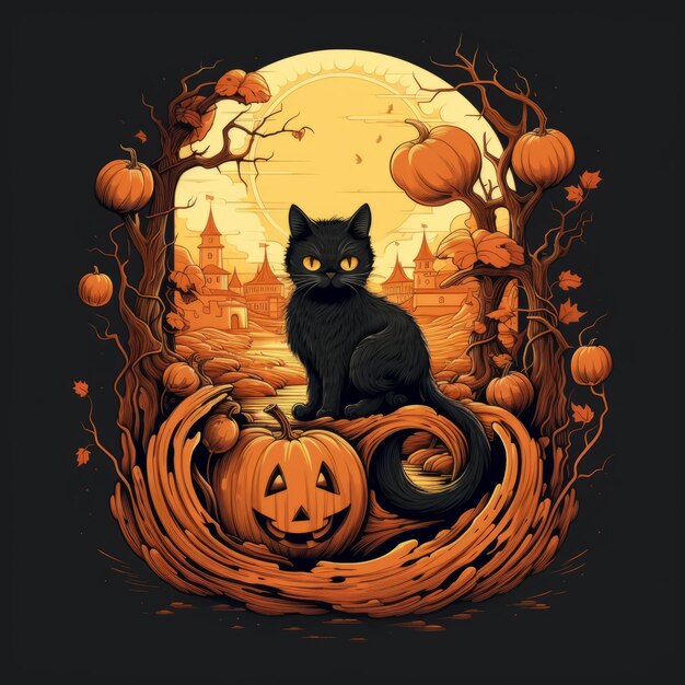 Foto el gato negro se sienta dentro de una calabaza de halloween