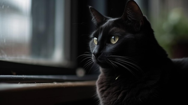 Un gato negro se sienta frente a una ventana.