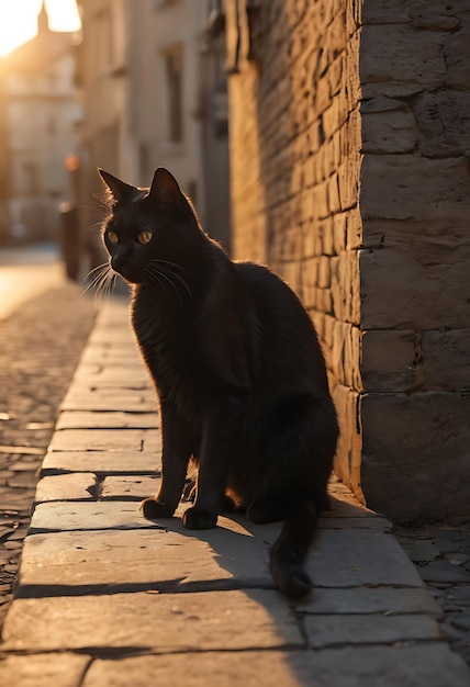 un gato negro se sienta en una pared de piedra en el sol