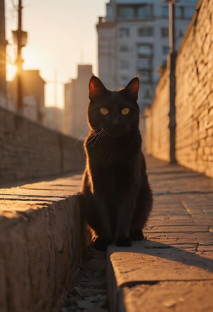 un gato negro se sienta en una pasarela de piedra en el sol