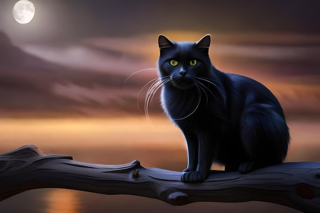 Un gato negro se sienta en una rama frente a una puesta de sol.
