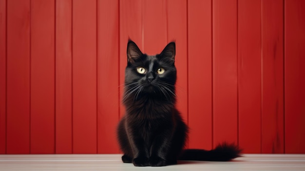 Un gato negro se sienta en el suelo y mira fijamente una pared blanca Generativo Ai