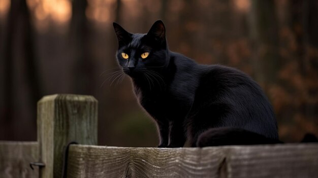 Un gato negro se sienta en una valla en el bosque.