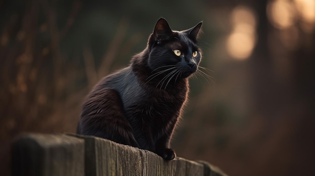 Un gato negro se sienta en una valla por la noche.