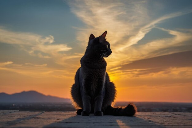 Gato negro con silueta en el paseo marítimo durante la puesta de sol