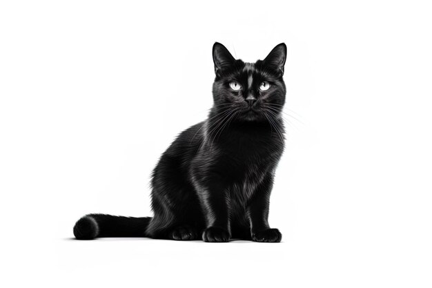 Foto un gato negro sobre un fondo blanco.