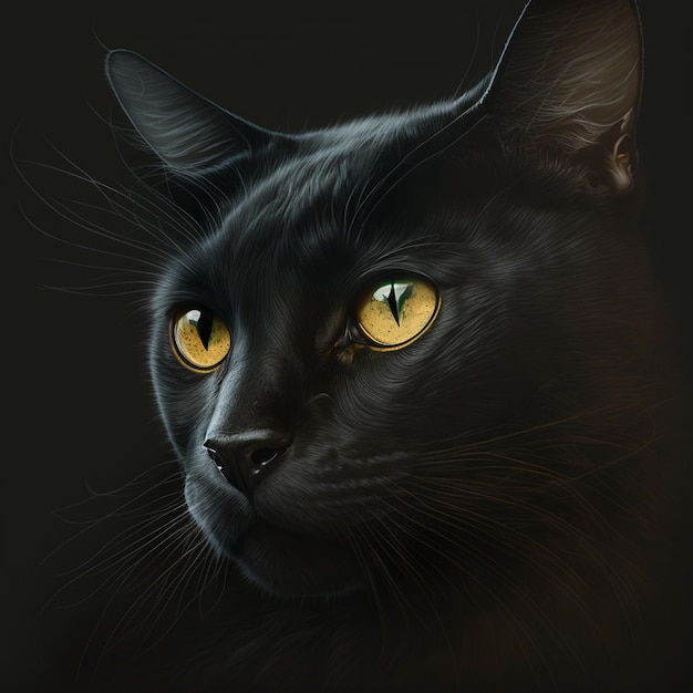 Gato negro sobre fondo negro con ojos amarillos brillantes