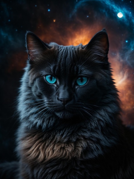 Gato negro, sombra, ojos azules, luna grande, muy de cerca.