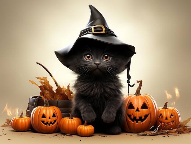 Gato Negro Con Sombrero De Bruja De Halloween Fondo De Halloween