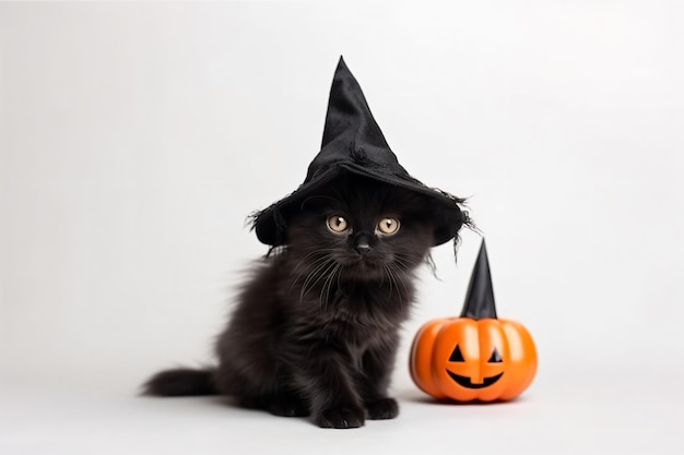 un gato negro con un sombrero de bruja junto a una calabaza